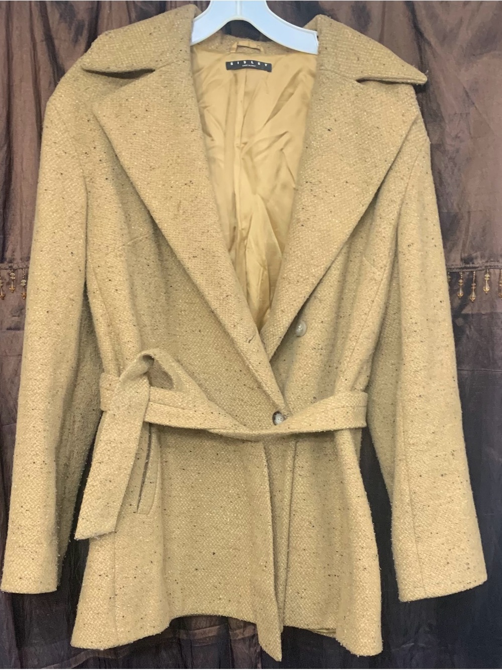 Sisley Women's Camel Tweed Belted Double Breasted Peacoat Jacket size Medium